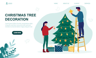 Multiracial members of family decorating christmas tree. Concept of preparing for the winter holidays and setting festive mood. Website, web page, landing page template