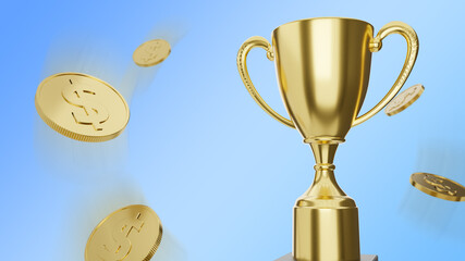 Golden trophy and dollar coin with motion blur on blue background. 3D Illustration image.