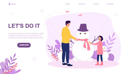 Caucasian father and daughter decorating snowman with scarf and hat outdoors. Concept of preparing for the winter holidays and setting festive mood. Website, web page, landing page template
