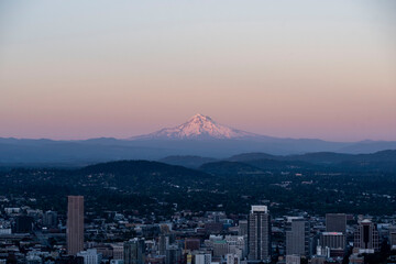 pink sunset overlooking view of Mount Hood and Portland