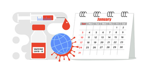 Vaccination concept. Landing page template, banner, icon. Modern, global immunization concept for web design with syringe, vaccine, bottle, antibodies and virus. Flat vector illustration