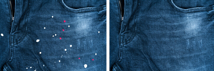 Dry cleaning of clothes from paint spots or stain. Before and after. Jeans before and after...