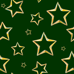 Gold stars on a green background. Watercolor seamless christmas pattern