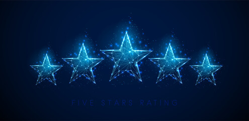 Low poly 5 stars raiting. Abstract blue stars.