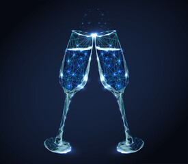 Two neon clink wine glasses with champagne and bubbles