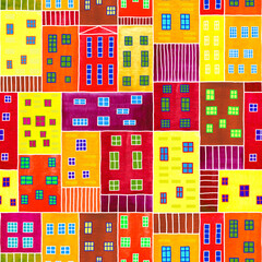 Seamless abstract architectural pattern with colorful watercolor building. Background. Wallpaper, textile, fabric.