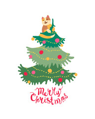 Vector congratulation card with ginger cat on Christmas tree