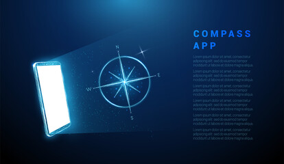 Abstract blue mobile phone with white screen and compass - obrazy, fototapety, plakaty
