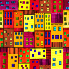 Seamless abstract architectural pattern with colorful watercolor building. Background. Wallpaper, textile, fabric.