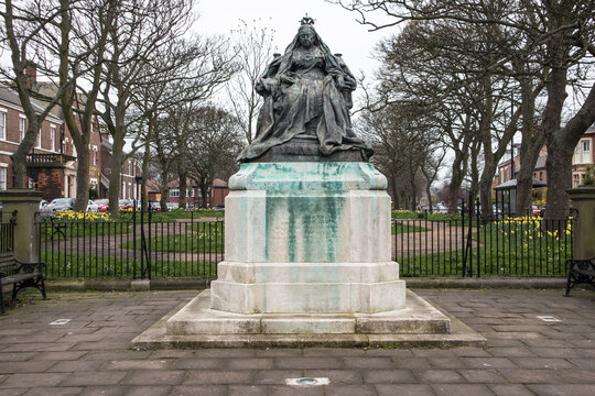 Tynemouth / Great Britain - April 06, 2019 : Large statue of Queen Victoria errected in her memory at Tynemouth, Tyne and Wear