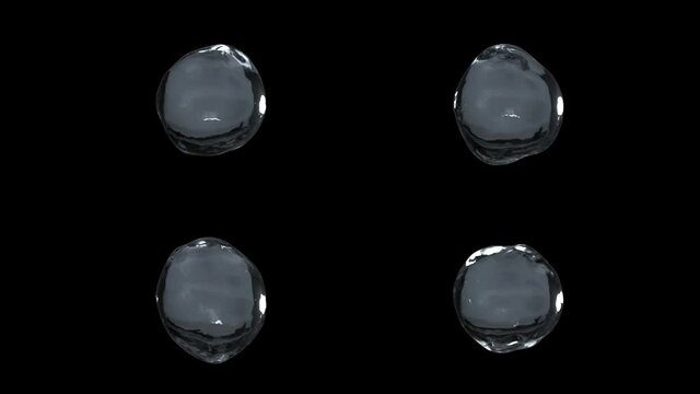 Four shapes of crystal clear water drops, glittering raindrops or teardrops, realistic 3D rendering animation
