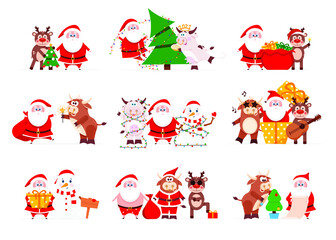 Santa Claus with cute animals have fun for Christmas
Illustration with a cow and a bull, decorating a Christmas tree with a reindeer and a snowman
Vector illustration