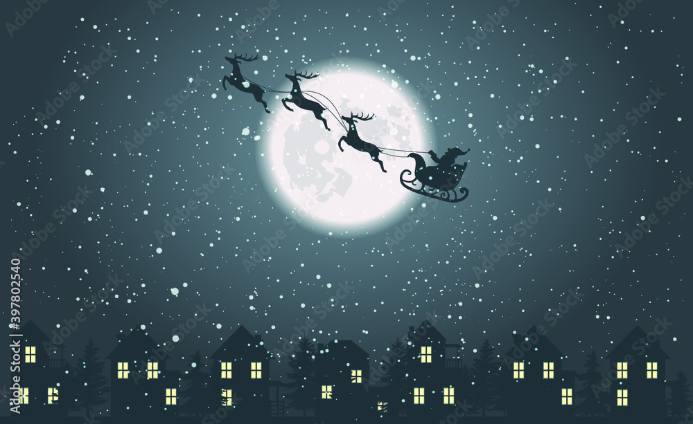 Wall mural Santa Claus on sleigh flying over the sleeping city at Christmas night, vector xmas illustration, snow and full moon