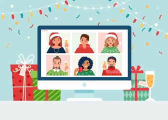 Online christmas party. Group of people meeting via videoconference on Christmas.