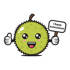 cute durian mascot holding a sign saying I have antioxidants