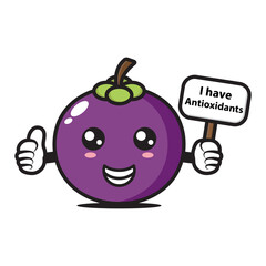 cute mangosteen mascot holding a sign saying I have antioxidants
