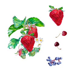 Set of strawberries, cherry, grapes watercolor isolated on white background