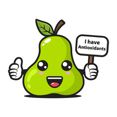cute pear mascot holding a sign saying I have antioxidants