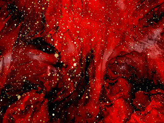 Red marbling with natural luxury style lines of marble and gold powder. Vector. Abstract painting, background for wallpapers, posters, cards, invitations, websites.