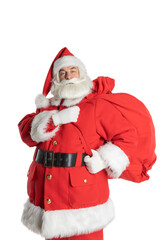 Santa Claus hurries to the holiday with a big bag of gifts on an isolated white background.