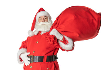 Portrait of Santa Claus holding a bag with gifts on his back, isolated on a white background. Happy Santa, background.