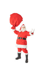 Santa Claus holds with one hand a huge bag of gifts, on an isolated white background. Santa claus in full growth, greeting.