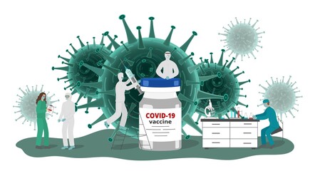 Covid-19 coronavirus vaccine bottle with people characters scientists and doctors in research medical laboratory. Scene with viruses on banner. Vector illustration