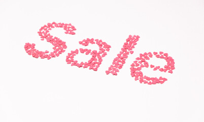 Sale, pink hearts on white background top view