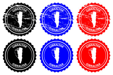 Gibraltar - rubber stamp - vector, Gibraltar map pattern - sticker - black, blue and red