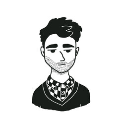 black and white portrait of a man in a checkered shirt.  young man with black hair and stubble.  A man in black clothes.  Black and white drawing.