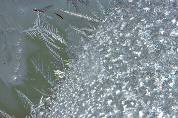 Beautiful natural background or texture of frozen transparent glass on the window in winter, strong cold concept, horizontal image, copy space for your design or text