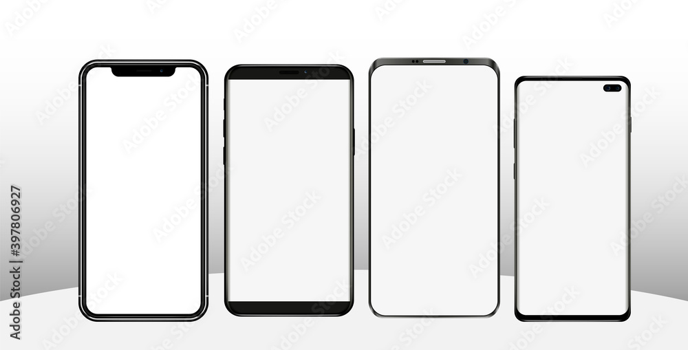 Aufkleber Realistic mobile phone mockup. Device set with modern thin frame and blank screen on transparent backgtound. 3d Smartphone mockup for show your app design. Front view of cellular display.