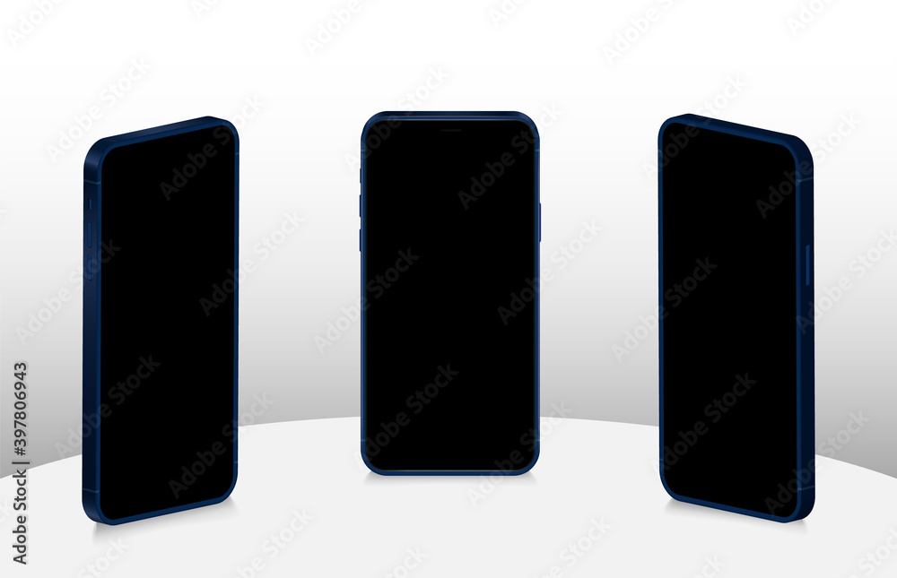 Poster Realistic mobile phones in different angles isolated, Perspective view cell gadget with empty screen for showing ui ux app design or website.