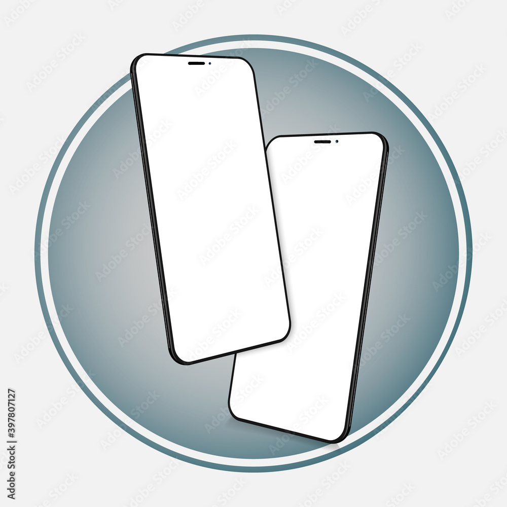 Poster Realistic mobile phones in different angles isolated, Perspective view cell gadget with empty screen for showing ui ux app design or website.
