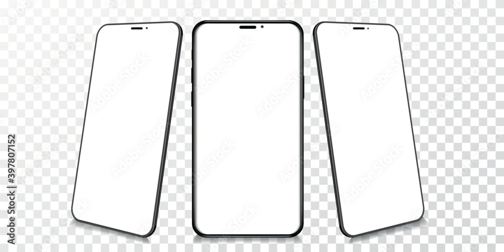 Aufkleber Realistic mobile phones in different angles isolated, Perspective view cell gadget with empty screen for showing ui ux app design or website.