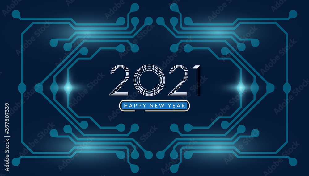 Fototapete 2021. happy new year 2021 text design with circuit board technology background