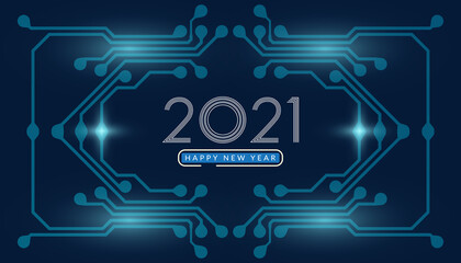 2021. Happy new year 2021 text design with circuit board technology background