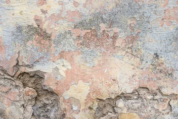 Papier Peint photo Vieux mur texturé sale Fond grunge texturé. Vieux mur plâtré avec un revêtement fissuré multicouche. Texture grunge avec un motif profond sur un mur blanchi à la chaux