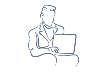 Fototapeta na wymiar Portrait of a working man at a computer laptop. One line continuous thick bold single drawn art doodle isolated hand drawn outline logo illustration.