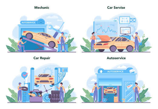 Car service set. People repair car using professional tool. Idea of auto