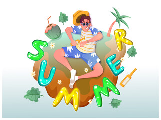 a man who is having fun during summer vacation at the beach holding a bottled drink