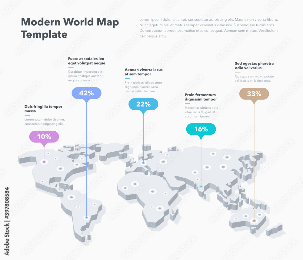 Poster Modern 3d world map infographic template with colorful pointer marks. Easy to use for your design or presentation.