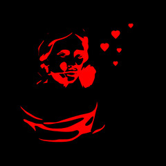 Abstract red portrait of person with female facial features and mustache with rose in mouth and little hearts floating away over black background. Tile or greeting card for Saint Valentine's Day. 
