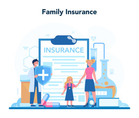 Health insurance concept set. People and doctor standing at the big