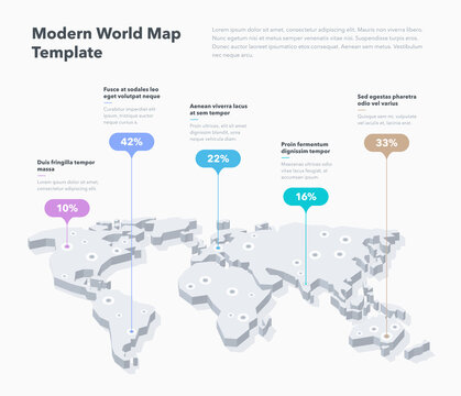 Modern 3d world map infographic template with colorful pointer marks. Easy to use for your design or presentation.