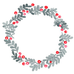 Red flower and grey leaves wreath watercolor hand painting for decoration on Christmas holiday events.
