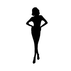Female elenant silhouette of stylish sexy woman in tight dress. Black vector