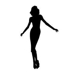 Female elenant silhouette of stylish sexy woman in tight dress. Black vector