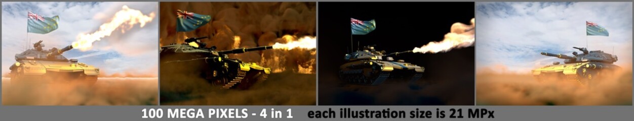4 high detail images of heavy tank with fictional design and with Tuvalu flag - Tuvalu army concept, military 3D Illustration