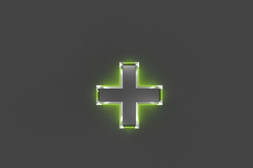 Grey brassy font with green glossy glassy outline - plus isolated on grey, 3D illustration of symbols